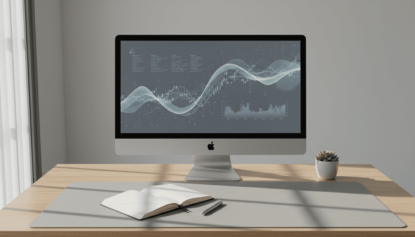 Modern minimalist workspace with financial planning materials and computer displaying data